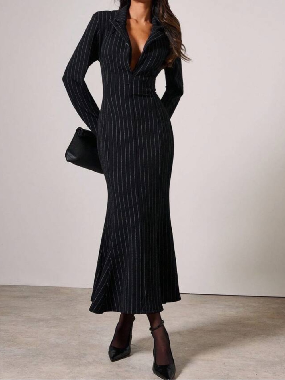 Black Pinstripe Long Sleeve Midi Dress